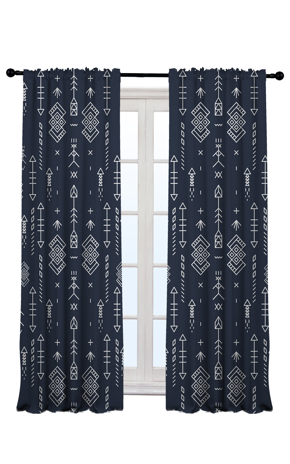 Navy blue geometric tribal patterned made to measure curtains in modern bedroom UK