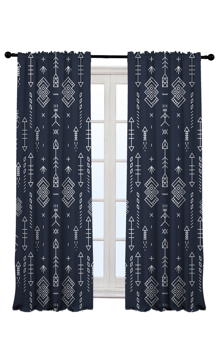 Navy blue geometric tribal patterned made to measure curtains in modern bedroom UK