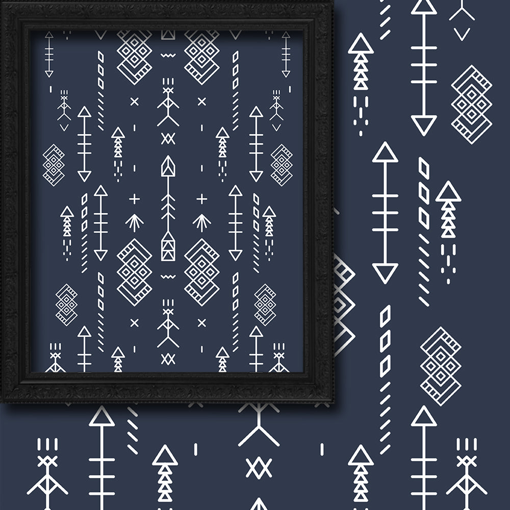 geometric patterns on a dark blue background