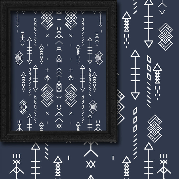 geometric patterns on a dark blue background
