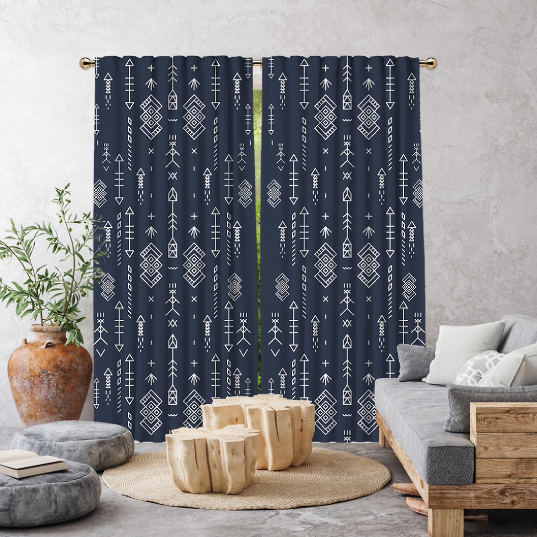 navy blue close up of boho curtain fabric light filtering texture