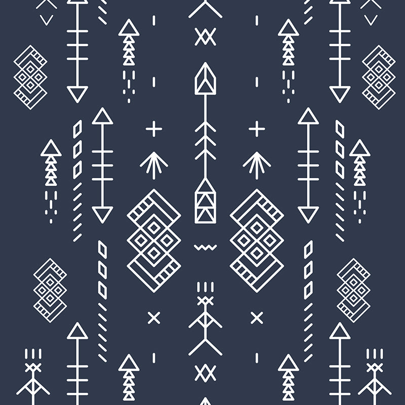 Geometric pattern of white lines and shapes on a dark blue background