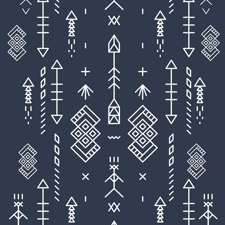 Geometric pattern of white lines and shapes on a dark blue background