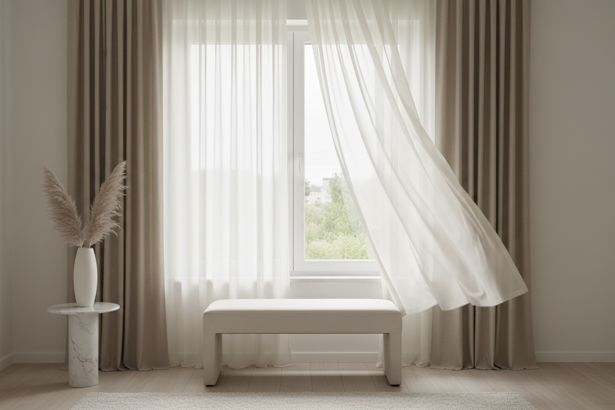 Made to measure white curtains with sheer overlay in a room and beige velvet curtains