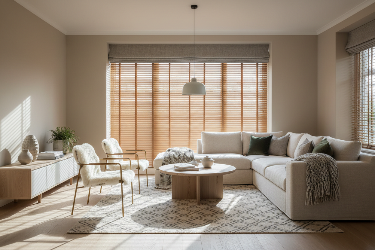 Made to measure  roller  to demonstrate adjustable light control, privacy and smooth fabric texture; ideal for modern UK homes looking for custom‑fit brown day and night blinds that offer flexible shading, energy efficiency and a warm, contemporary window finish.
