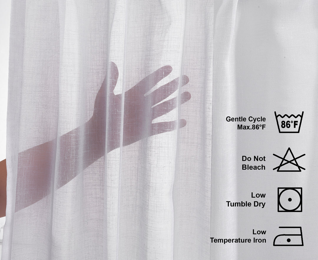 Washing label for sheer valance showing care instructions and fabric composition.