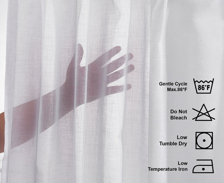 Washing label for sheer valance showing care instructions and fabric composition.