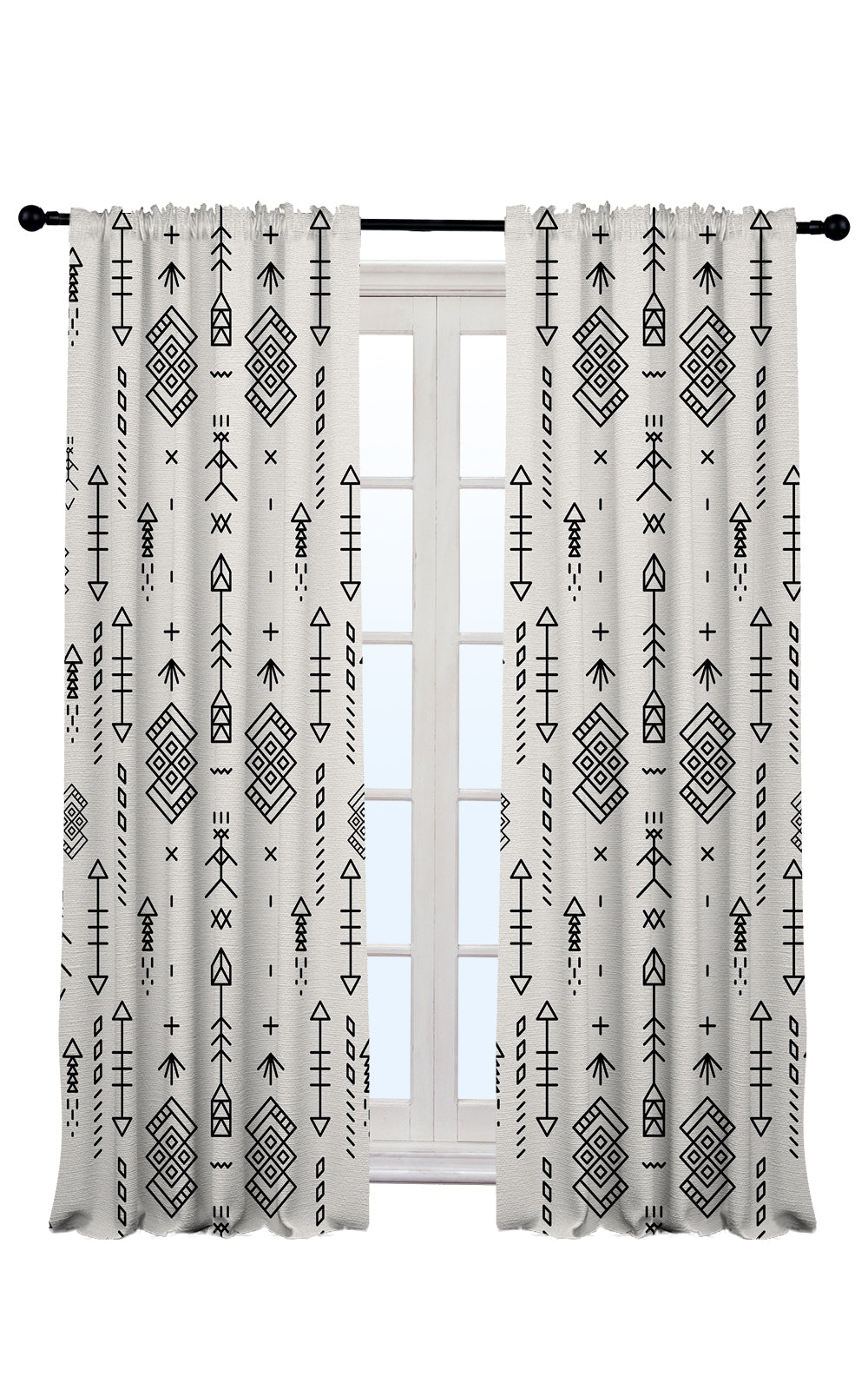 white geometric tribal patterned made to measure curtains in modern bedroom UK