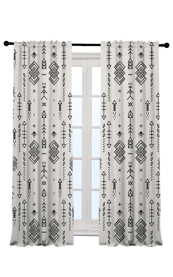 white geometric tribal patterned made to measure curtains in modern bedroom UK