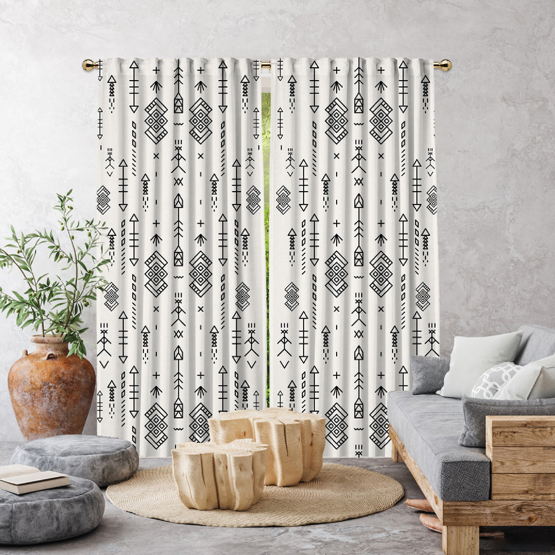 white geometric tribal made to measure curtains close up