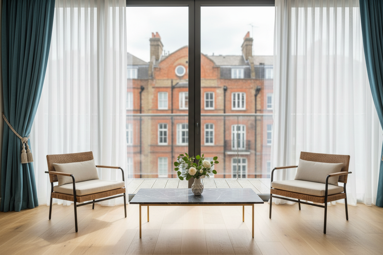 Layered curtains featuring soft cream sheer fabric gently moving in a natural breeze, paired with luxurious beige velvet curtains behind them, highlighting the elegant texture, colour harmony and contemporary made‑to‑measure curtain design.