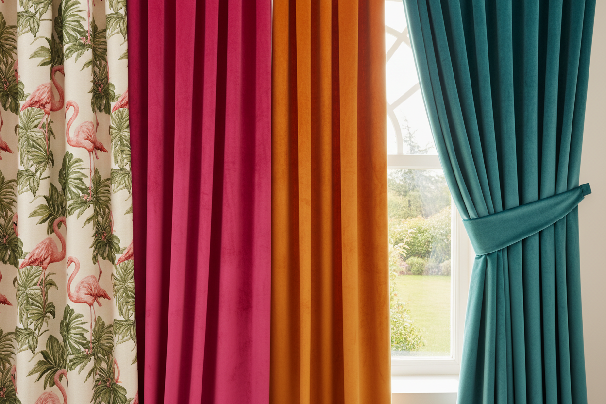 Four different velvet curtains with various designs and colours.